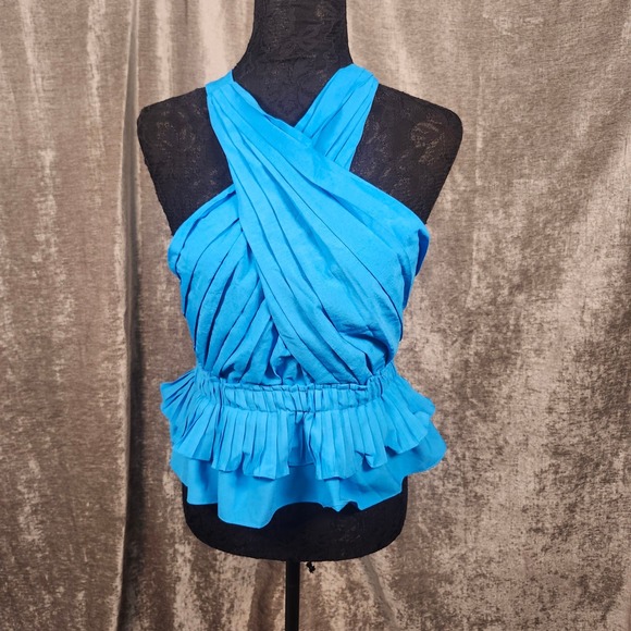 NWT Do+Be Criss Cross Halter Top Pleated Ruffle Peplum Bright Blue Size L - Picture 1 of 7